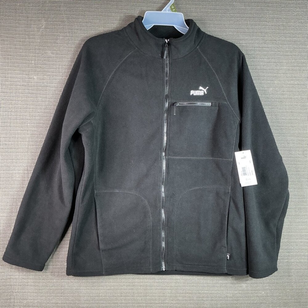 Puma Mens Size Medium Black Polar Fleece Jacket Raglan Sleeves Zip Pockets Logo